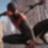 Dynamic action scene featuring Miles Morales in a vibrant cityscape