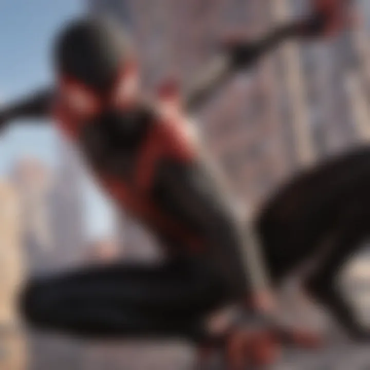 Dynamic action scene featuring Miles Morales in a vibrant cityscape