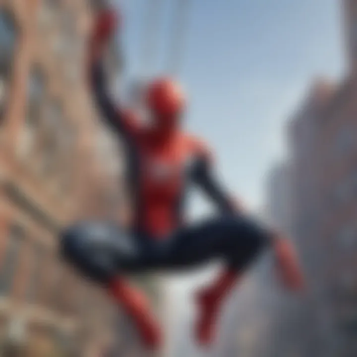 Artistic rendition of Miles Morales swinging through the city in DLC