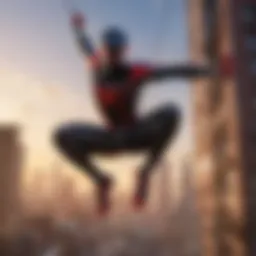 Captivating portrayal of Miles Morales swinging through the city