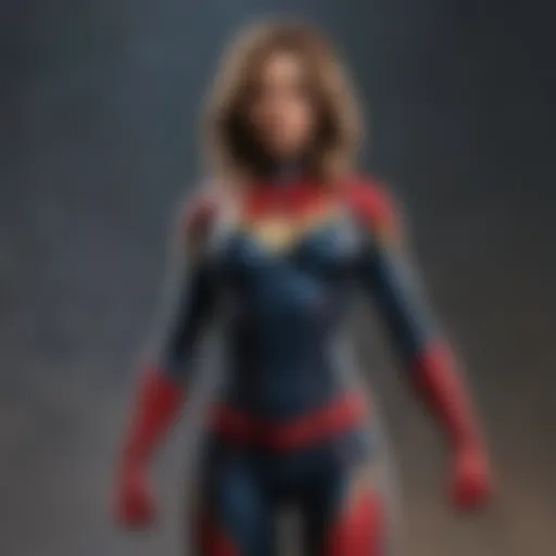 Female superhero in red and blue costume standing heroically