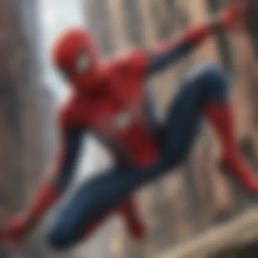 Iconic Spider-Man swinging through a cityscape, showcasing his agility and heroism.