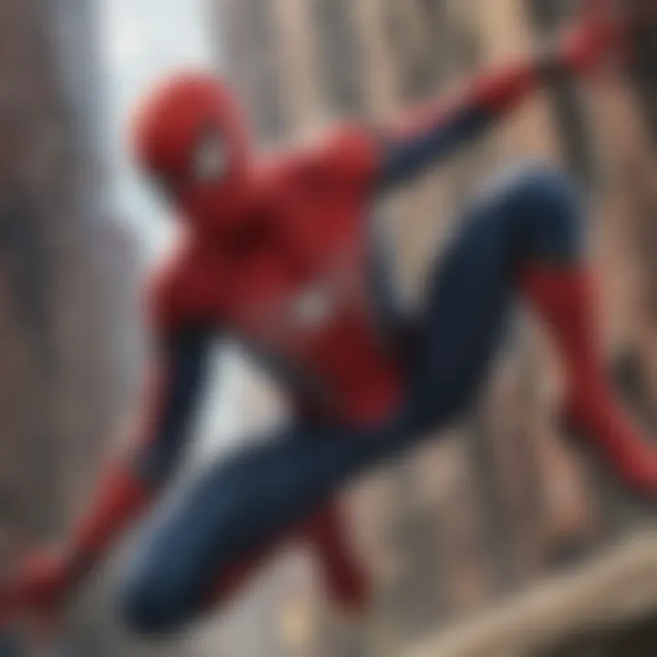 Iconic Spider-Man swinging through a cityscape, showcasing his agility and heroism.