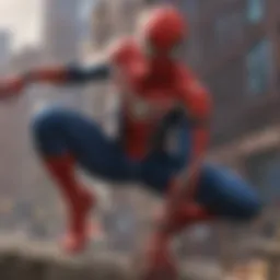 A dynamic portrayal of Spider-Man swinging through a multiverse landscape