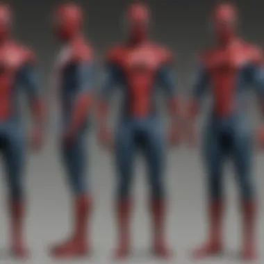 Peter Parker in a dynamic pose, showcasing the evolution of his suits.