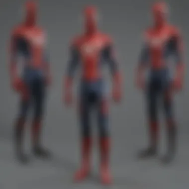 Various Spider-Man suit styles on display