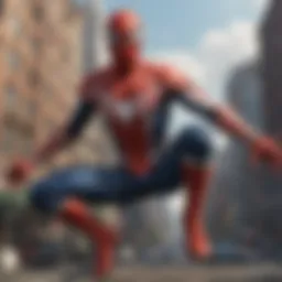 A dynamic action scene featuring Spider-Man swinging through the city