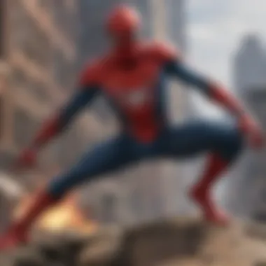 Spider-Man standing tall amidst a chaotic battle scene