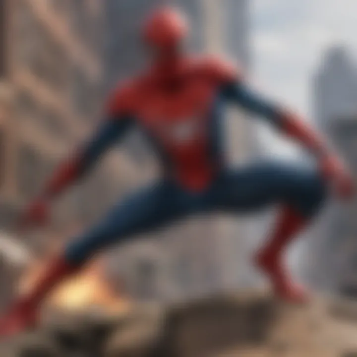 Spider-Man standing tall amidst a chaotic battle scene