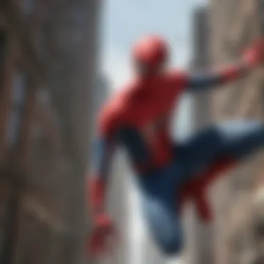 Spider-Man swinging through the city skyline in a breathtaking display of agility