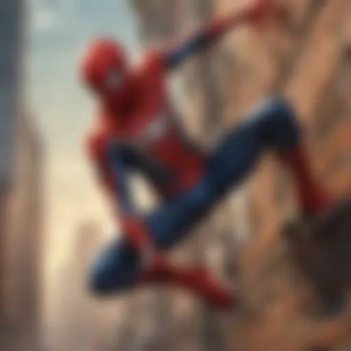 A detailed illustration of Spider-Man swinging through the city, showcasing his iconic suit and dynamic movement.