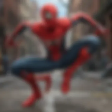 Spider-Man swings through a vibrant cityscape showcasing his agility and charm.