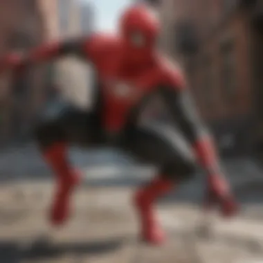 Artistic representation of Spider-Man swinging through a cityscape