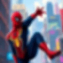 Concept art showcasing Spider-Man in a vibrant cityscape