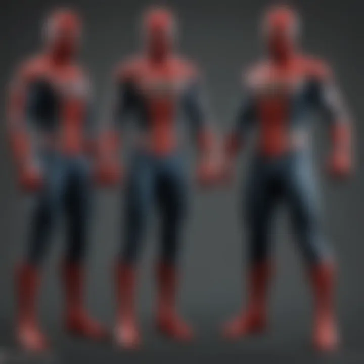 An artistic representation of the evolution of Spider-Man gear through various media.