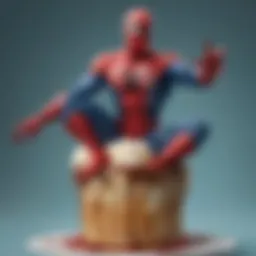 A vibrant Spider-Man themed ice cream cake adorned with web patterns and character figurines.