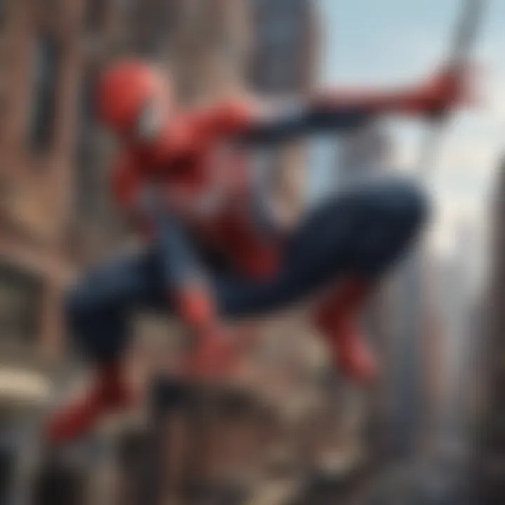 Spider-Man in his iconic suit swinging through the city