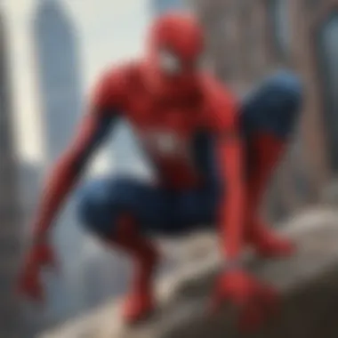 Spider-Man in a moment of introspection atop a skyscraper