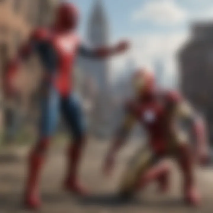 Spider-Man and Iron Man teaming up in a battle scene