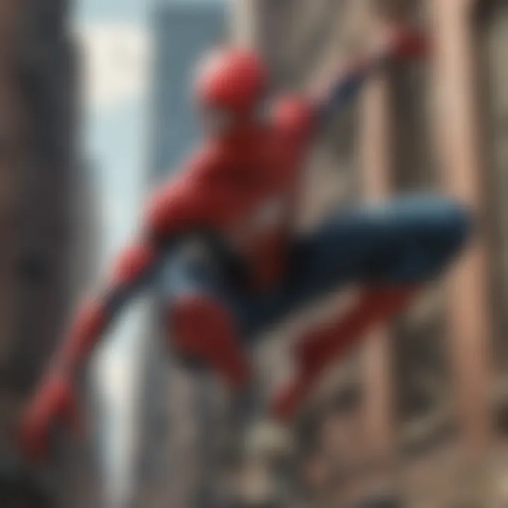 A dynamic illustration of Spider-Man in action, leaping from one building to another