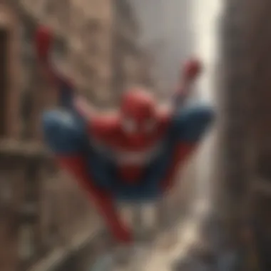 The iconic moment of Spider-Man swinging through the city skyline