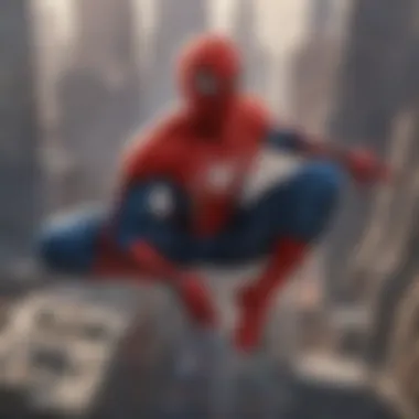 Spider-Man logo against a backdrop of skyscrapers