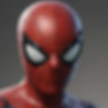 Close-up of Spider-Man's iconic mask with a reflective cityscape