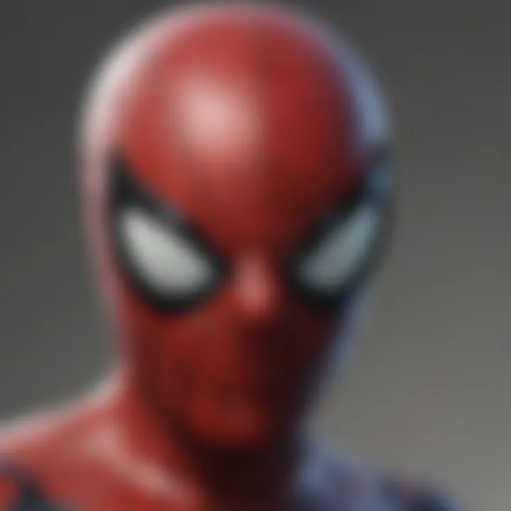 Close-up of Spider-Man's iconic mask with a reflective cityscape