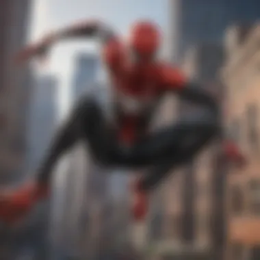 A visually stunning scene of Spider-Man swinging through the city skyline with vibrant colors