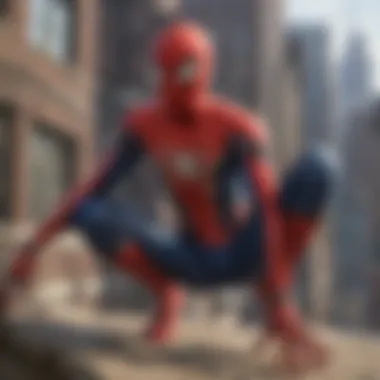 Concept art of Spider-Man swinging through the city