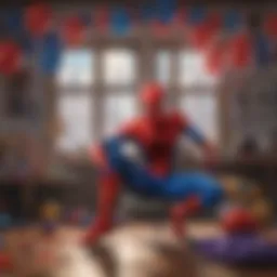 Colorful Spider-Man themed decorations featuring web patterns and comic book style graphics