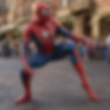 Close-up of a performer in Spider-Man costume, embodying the character with dynamic poses.