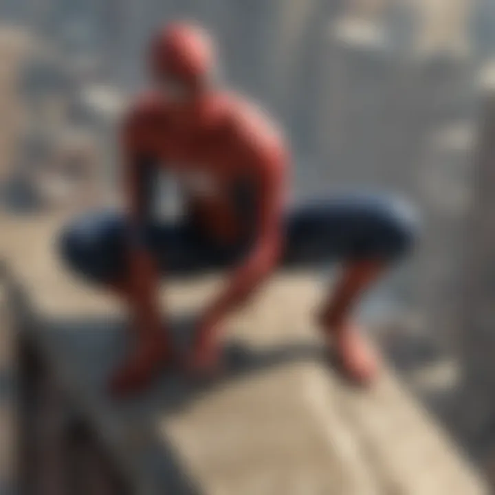 Spider-Man in a moment of self-reflection atop a skyscraper