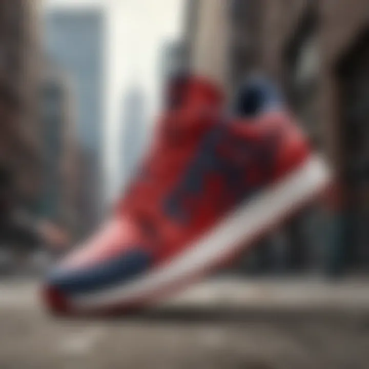 A stylish pair of Spider-Man sneakers on a vibrant urban background.