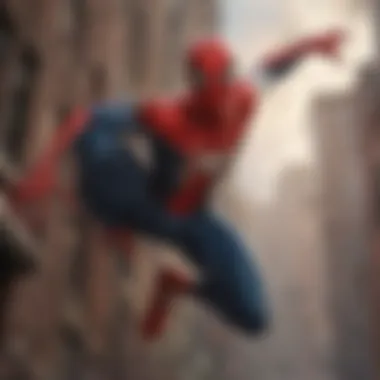 Artistic portrayal of Spider-Man soaring through the cityscape