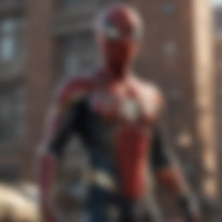 Close-up shot of Spider-Man's iconic red and blue suit