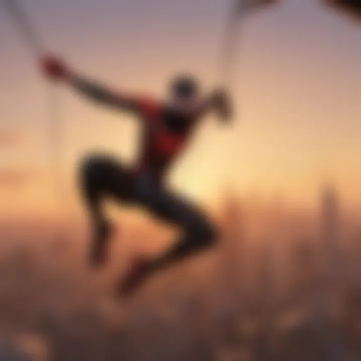 Spider-Man swinging through the city at sunset