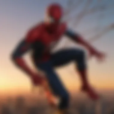 Spider-Man in mid-air, casting a web against sunset