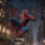 Spider-Man swinging through the city at night