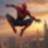 Spider-Man swinging through the city at sunset