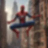 Spider-Man swinging through a cityscape at dusk