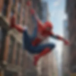 Spider-Man swinging through New York City skyline