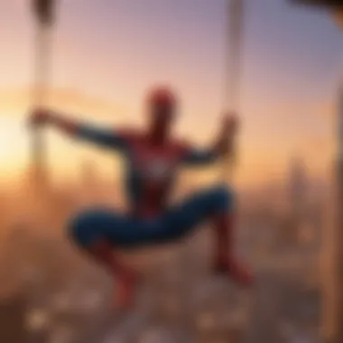 Spider-Man swinging through New York City skyline at sunset