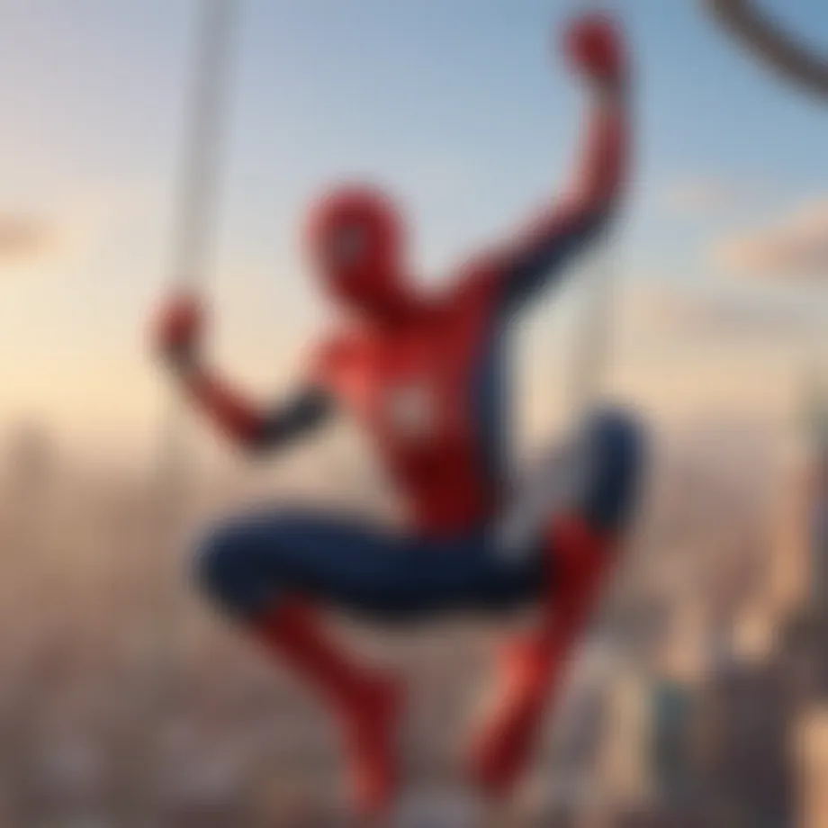 Superhero swinging through cityscape