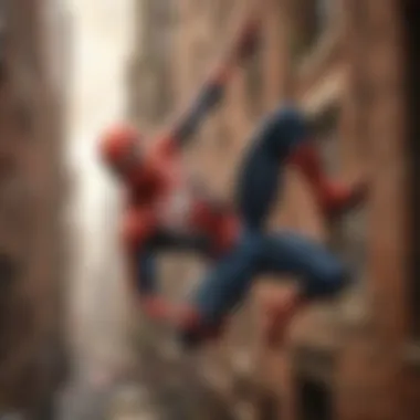 The Dynamic Swinging Action of Spider-Man Spider-Man swinging through the city of New York