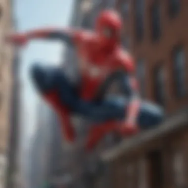Spider-Man perched atop a towering building