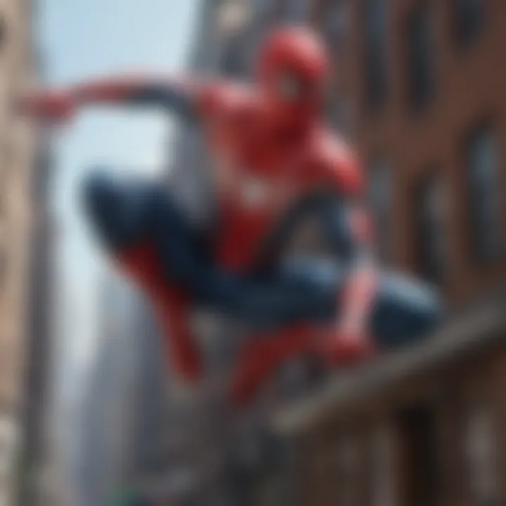 Spider-Man perched atop a towering building