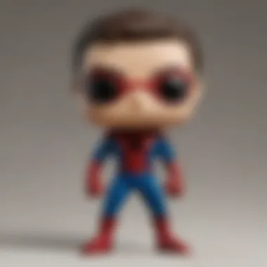 Spider-Man unmasked Funko Pop figurine surrounded by iconic Spider-Man memorabilia