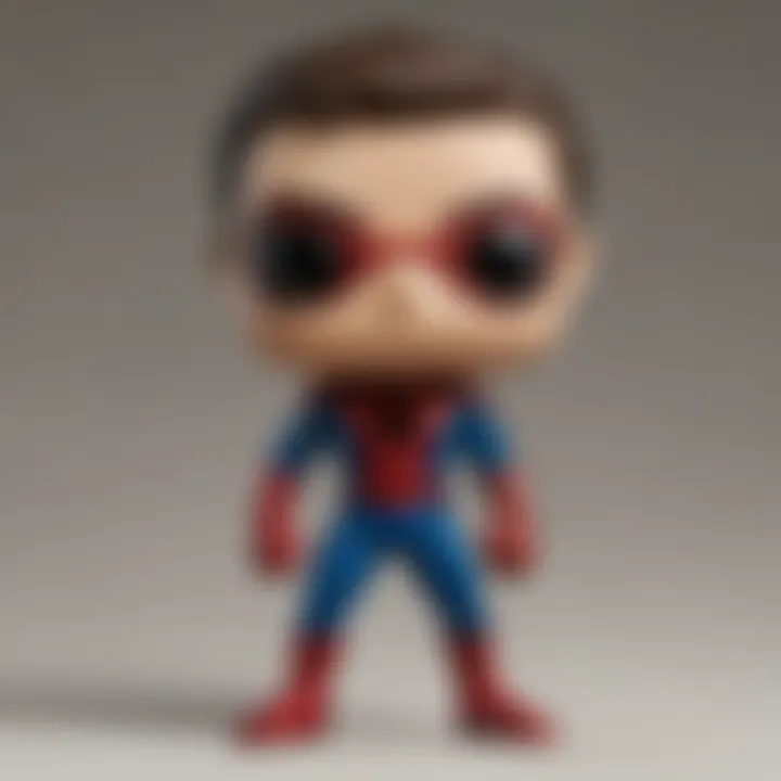 Spider-Man unmasked Funko Pop figurine surrounded by iconic Spider-Man memorabilia