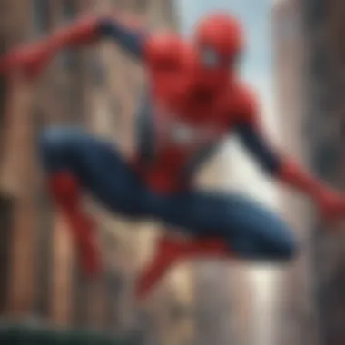 Spider-Man's iconic web-slinging pose against the skyline